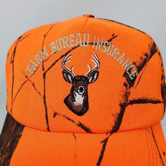Vintage Farm Bureau Insurance Orange Camo Made in USA Snapback Trucker Hat Cap - Picture 2 of 8